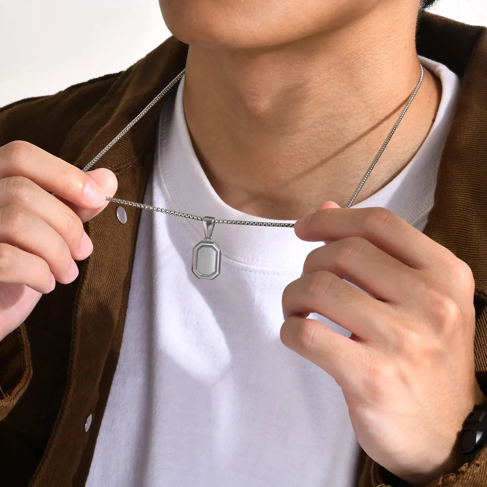 Men's Geometric Square Necklaces, Waterproof Stainless Steel Pendant