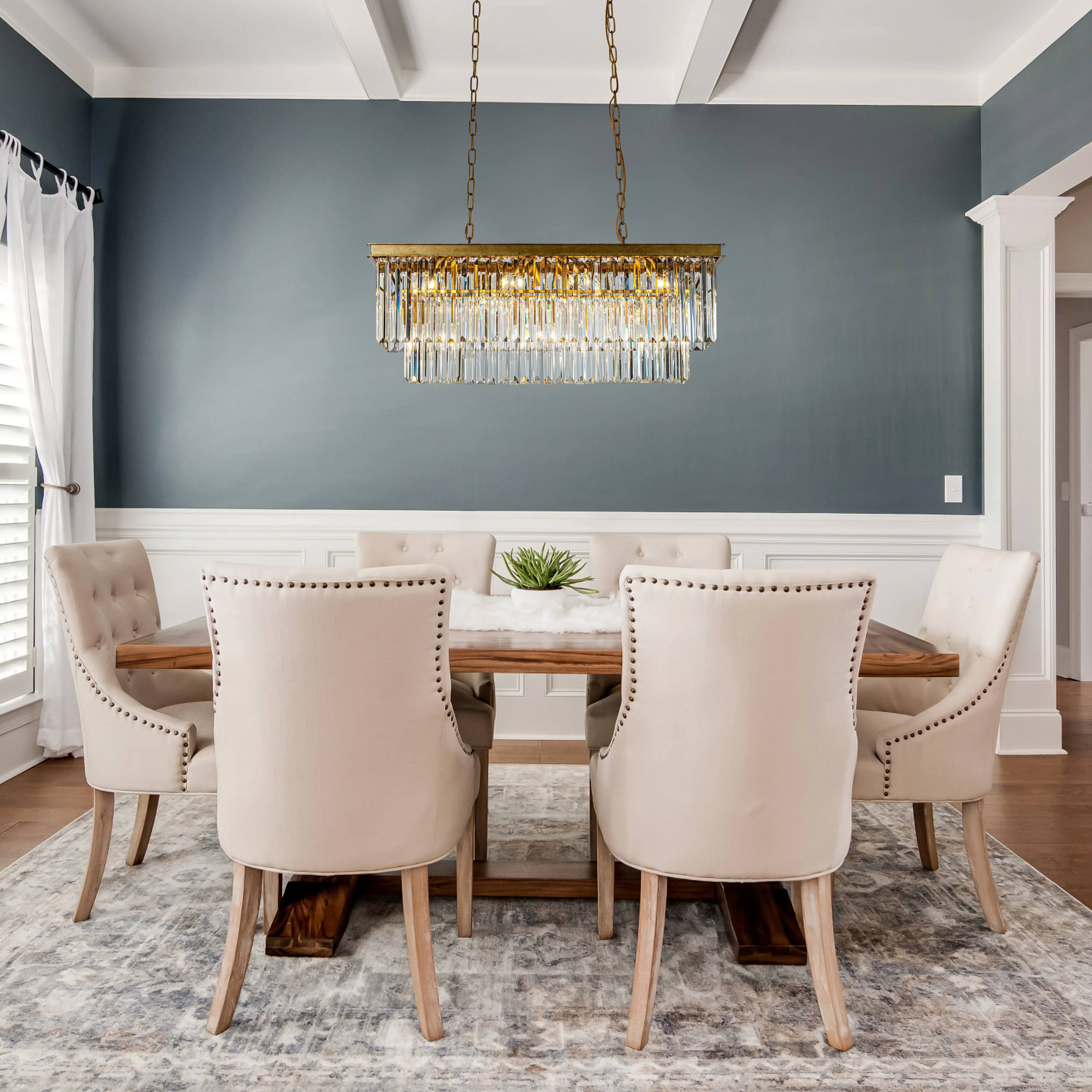 Modern Luxury Rectangle Fringe Crystal Chandelier in Antique Gold