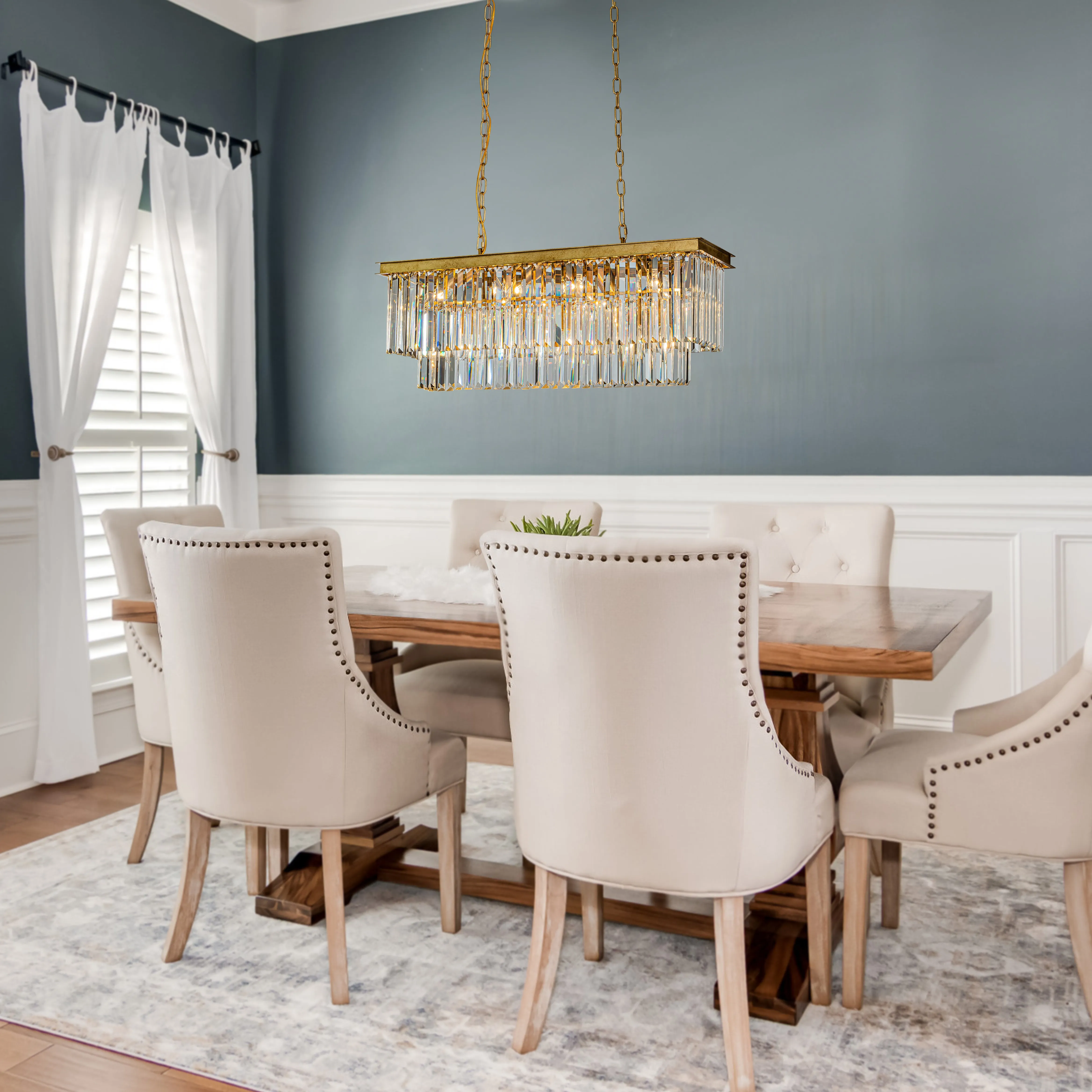 Modern Luxury Rectangle Fringe Crystal Chandelier in Antique Gold