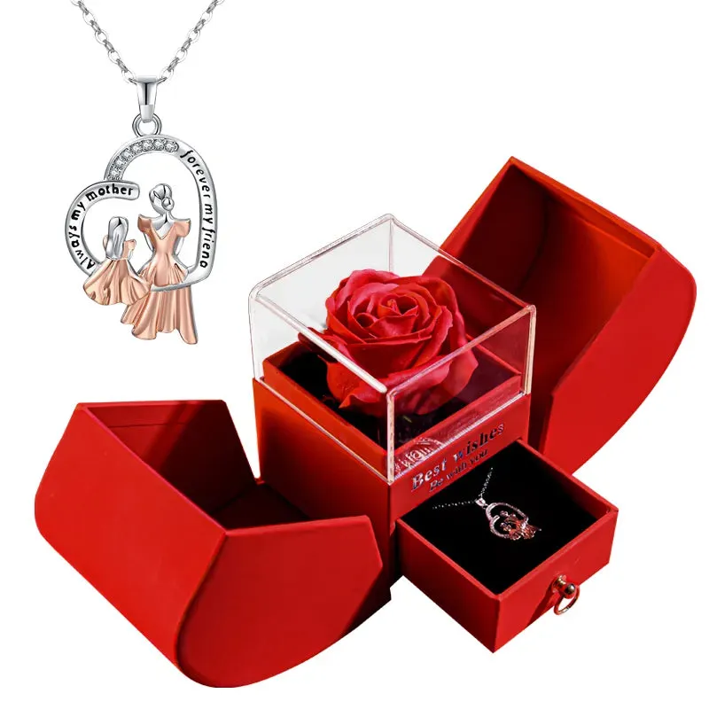 Mom and Daughter Matching Jewelry with Rose Flower Apple Jewelry Box Heart Pendant Necklace