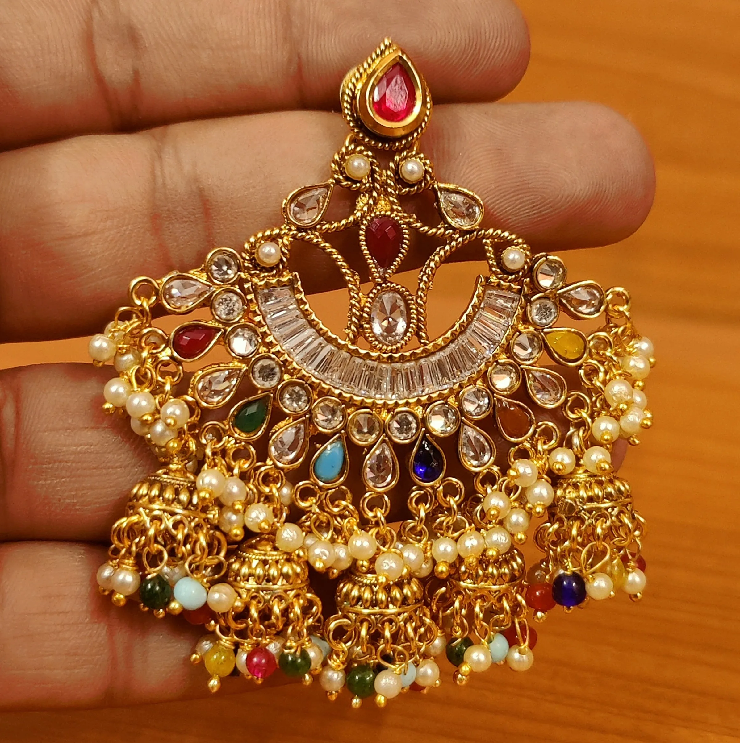 MULTICOLOUR CZ POLKI STUDDED CHAANDBAALI