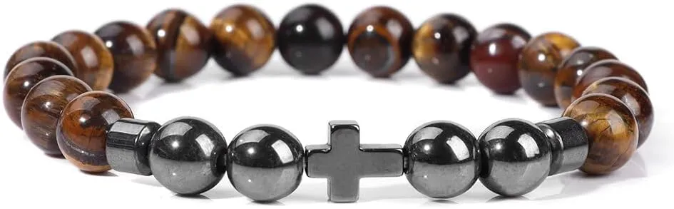 Natural Stone Bracelet Men Beads Bracelet Handmade Cross Pendant Bracelets Women Prayer Fitness Jewelry for 8mm (Metal Color: Tiger Eye - Length: 17CM)