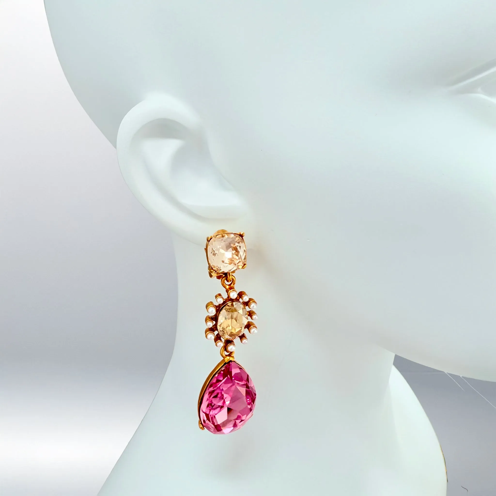 Oscar de la Renta Asymmetrical Earrings with Rose Crystals & Pearls Antique Gold