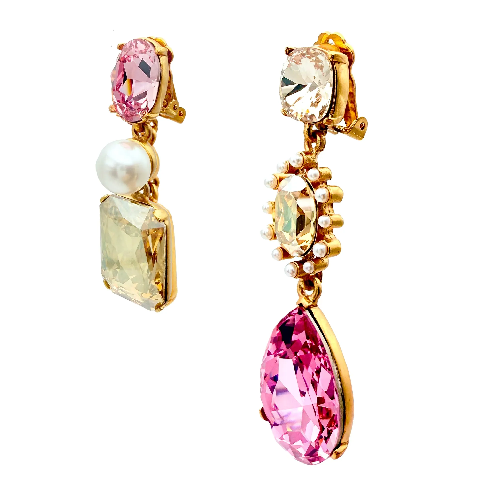 Oscar de la Renta Asymmetrical Earrings with Rose Crystals & Pearls Antique Gold