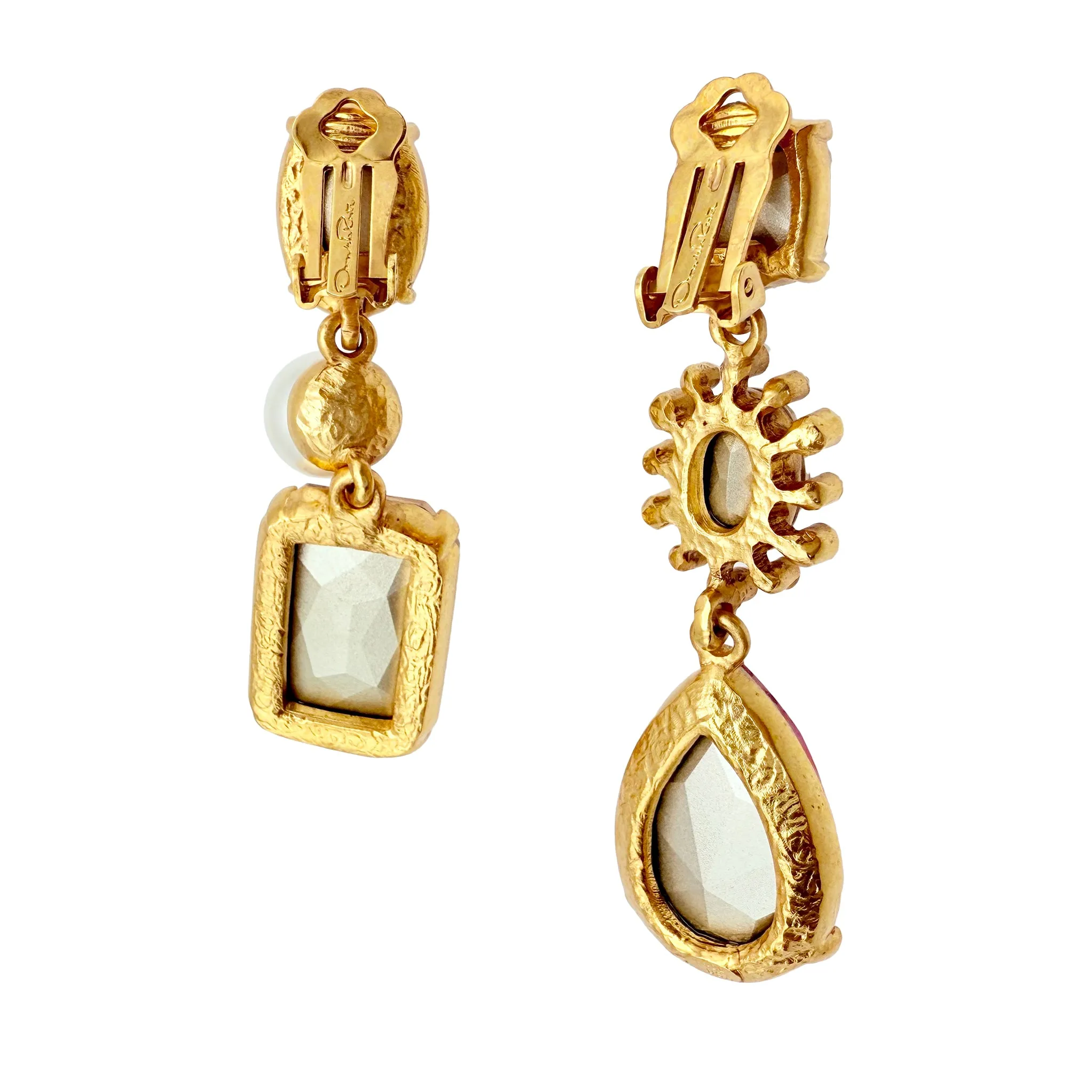 Oscar de la Renta Asymmetrical Earrings with Rose Crystals & Pearls Antique Gold