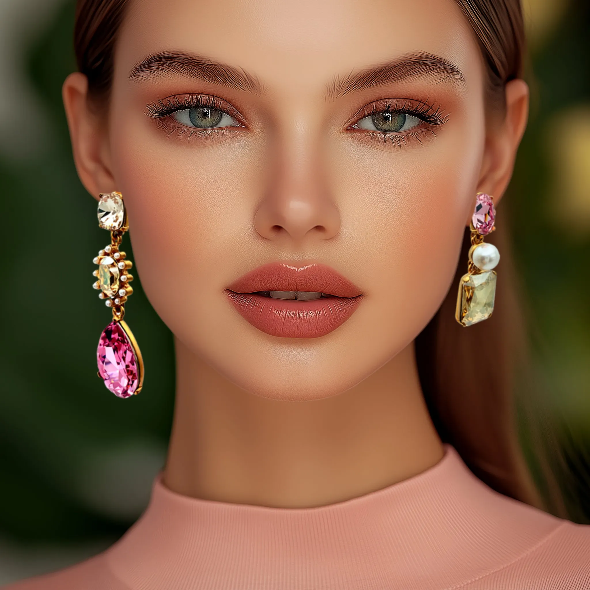 Oscar de la Renta Asymmetrical Earrings with Rose Crystals & Pearls Antique Gold