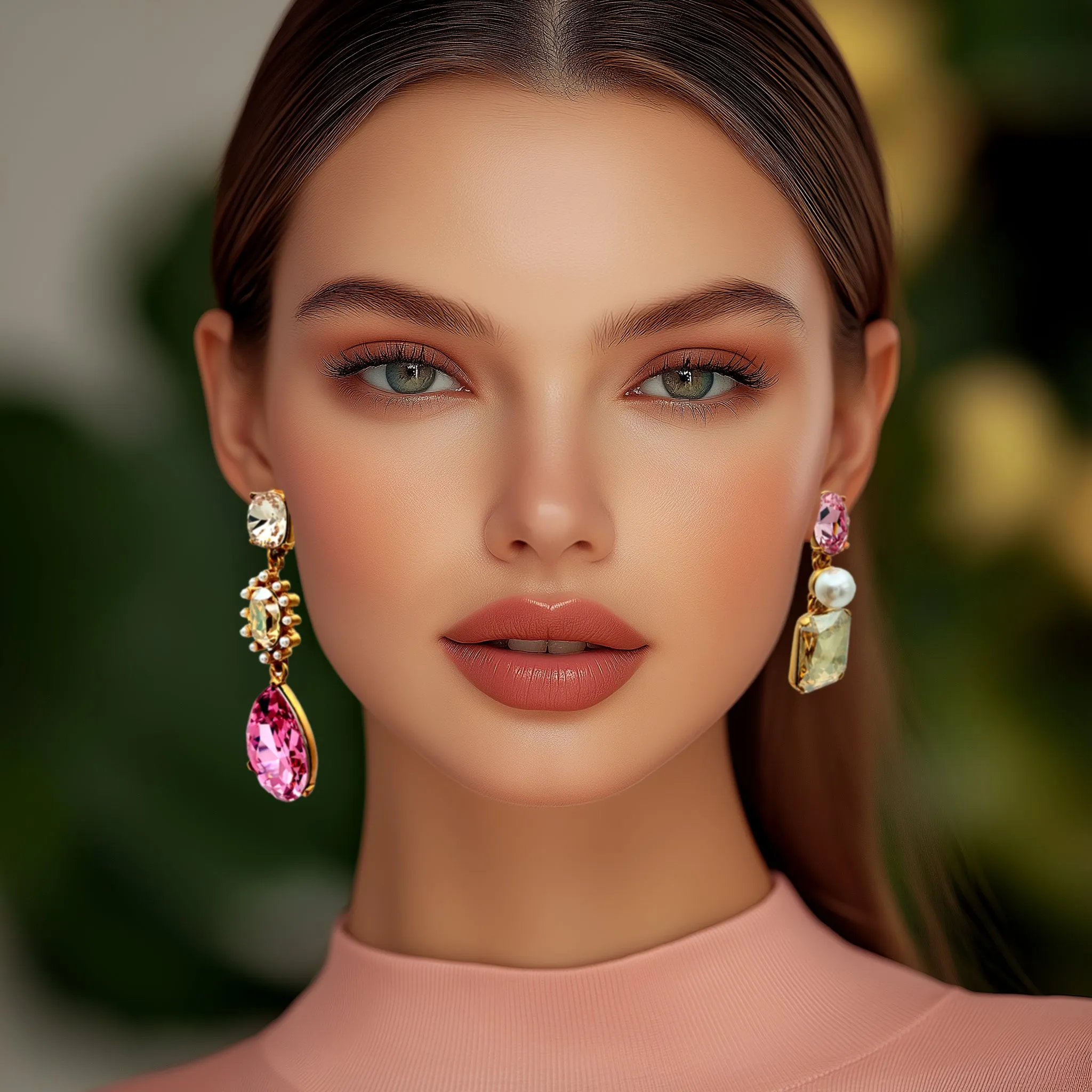 Oscar de la Renta Asymmetrical Earrings with Rose Crystals & Pearls Antique Gold