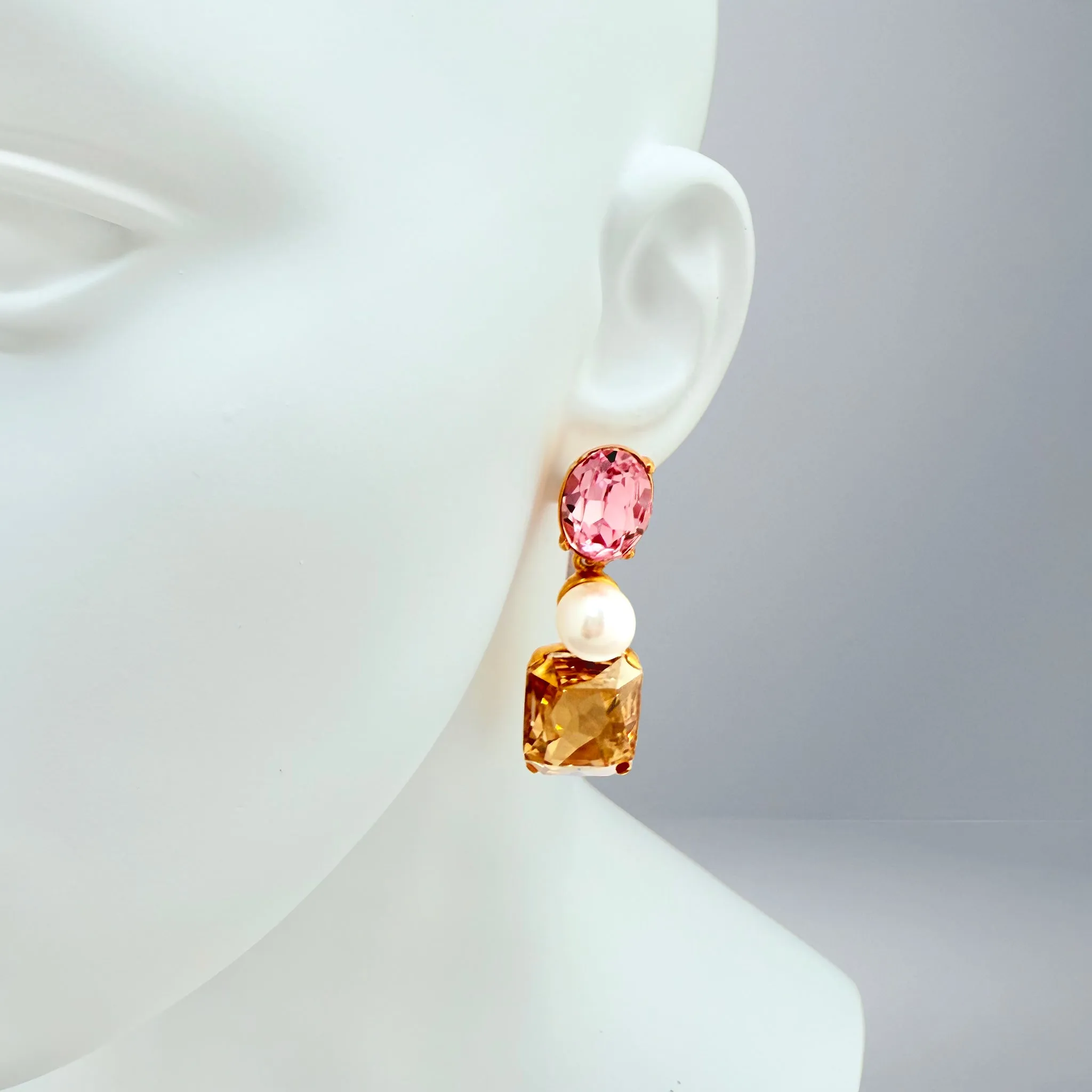 Oscar de la Renta Asymmetrical Earrings with Rose Crystals & Pearls Antique Gold