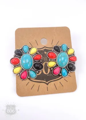 Oval Flower Post Earrings with Stones in Multicolor