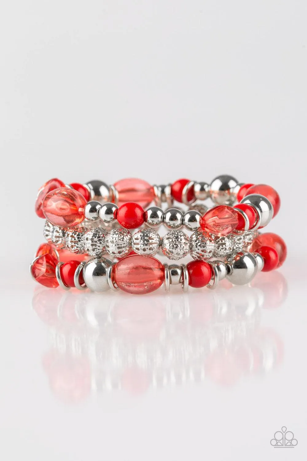 Paparazzi Malibu Marina-Red And Silver Bracelet-set of 3-stretchy
