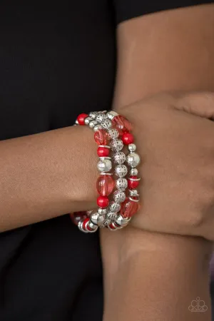 Paparazzi Malibu Marina-Red And Silver Bracelet-set of 3-stretchy