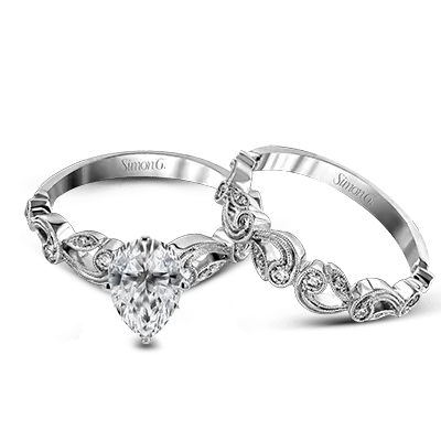 Pear-cut Trellis Engagement Ring & Matching Wedding Band in 18k Gold with Diamonds TR473-PR WHITE 18K SET