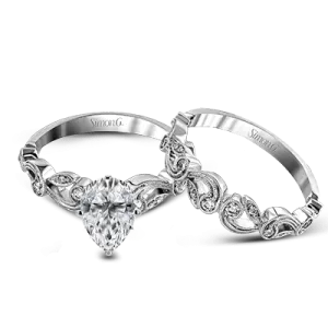 Pear-cut Trellis Engagement Ring & Matching Wedding Band in 18k Gold with Diamonds TR473-PR WHITE 18K SET
