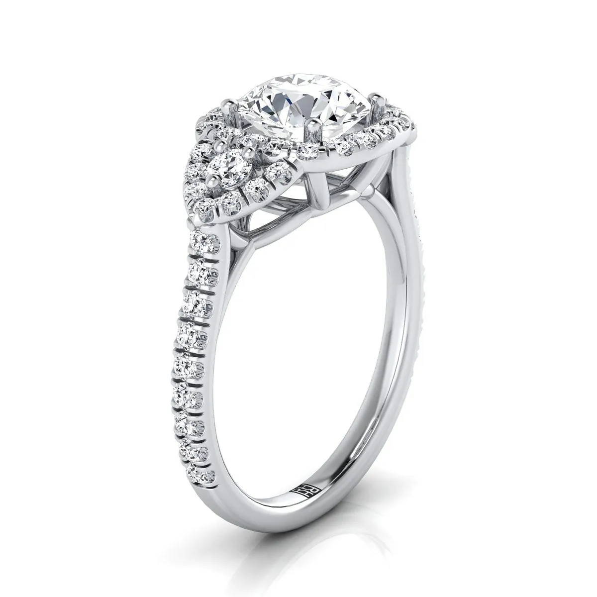 Platinum Round Brilliant Diamond Delicate Three Stone Halo Pave Engagement Ring -5/8ctw