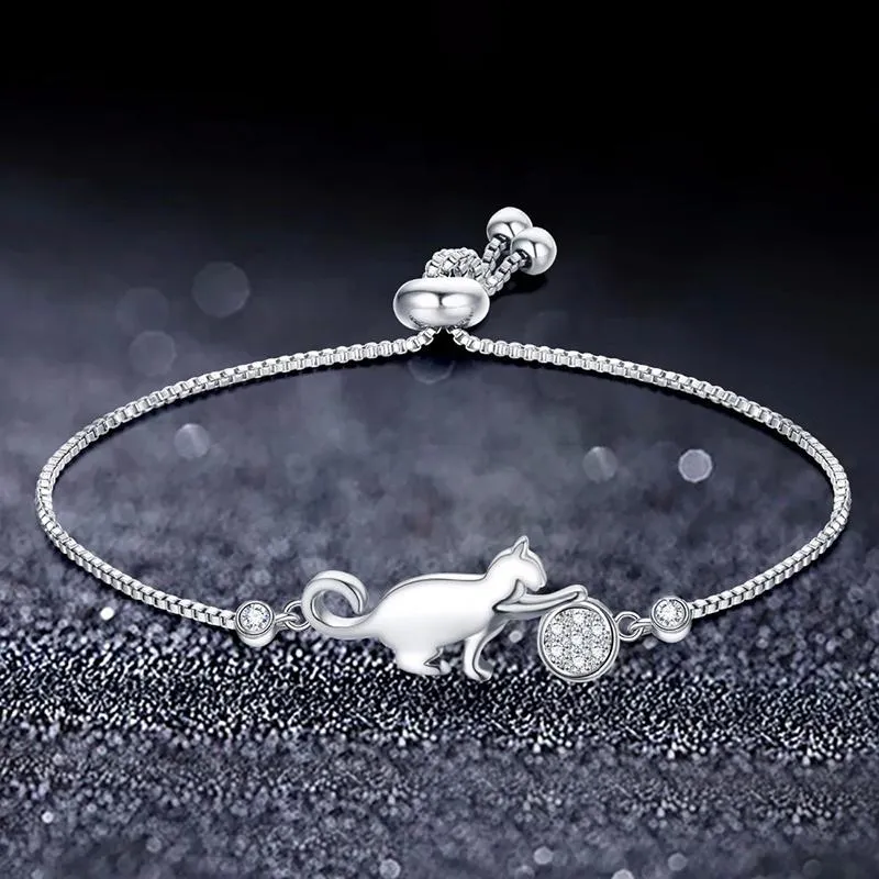 Playful Kitty Charm Bracelet with Rhinestone