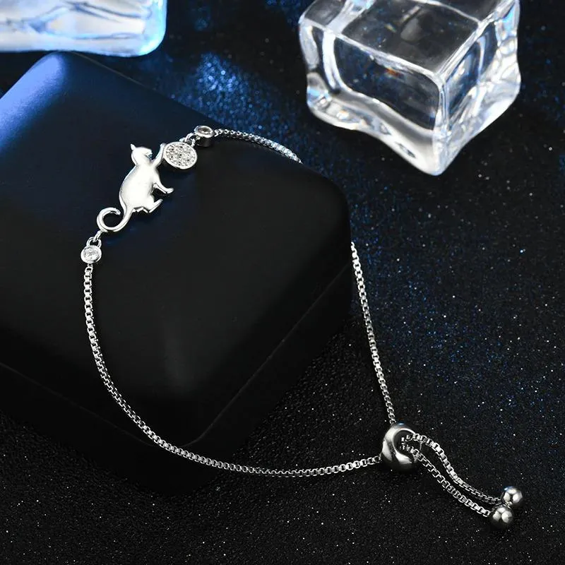Playful Kitty Charm Bracelet with Rhinestone