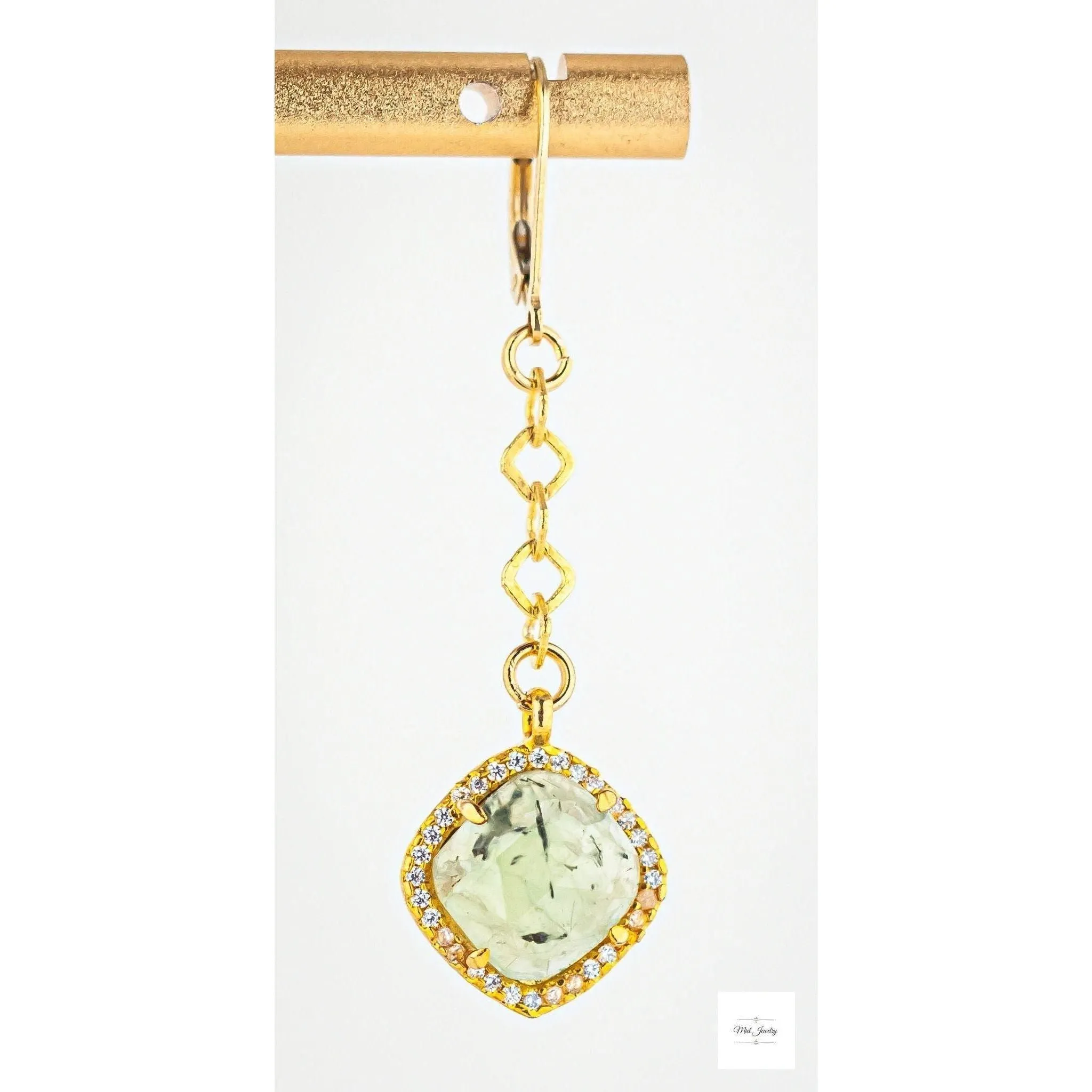Prehnite & Gold Dangle Earrings: Green Gemstone Earrings With CZ Accents