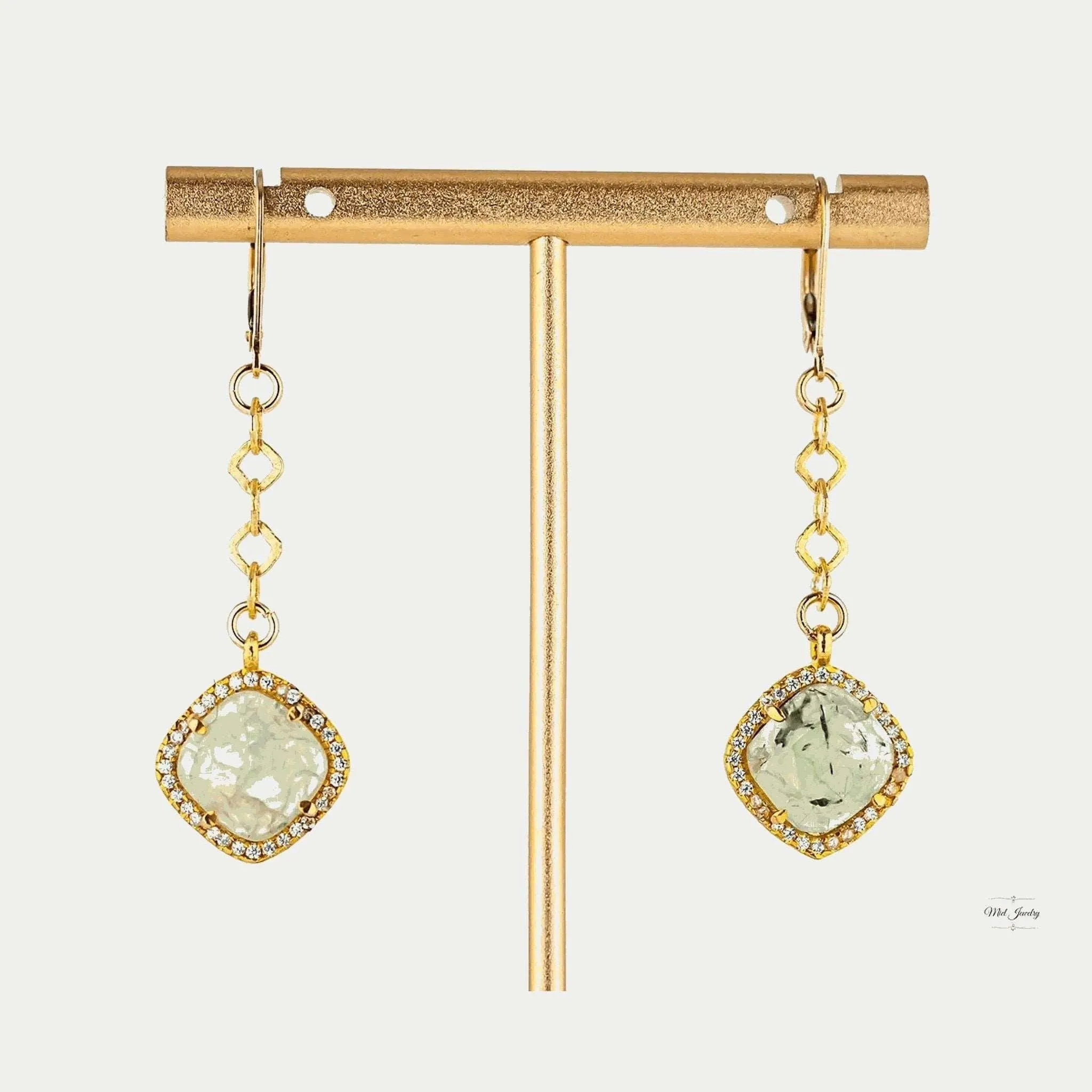 Prehnite & Gold Dangle Earrings: Green Gemstone Earrings With CZ Accents