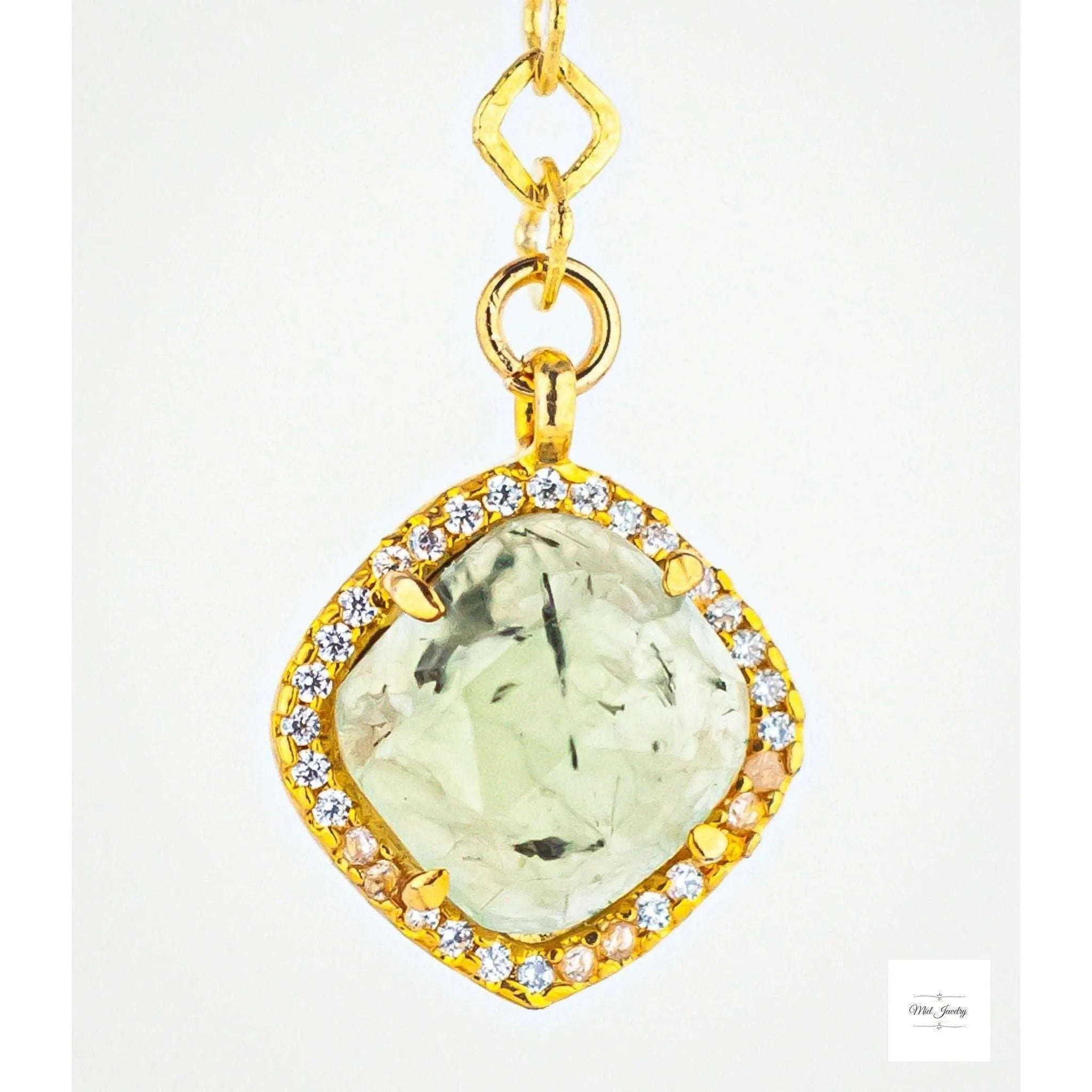 Prehnite & Gold Dangle Earrings: Green Gemstone Earrings With CZ Accents