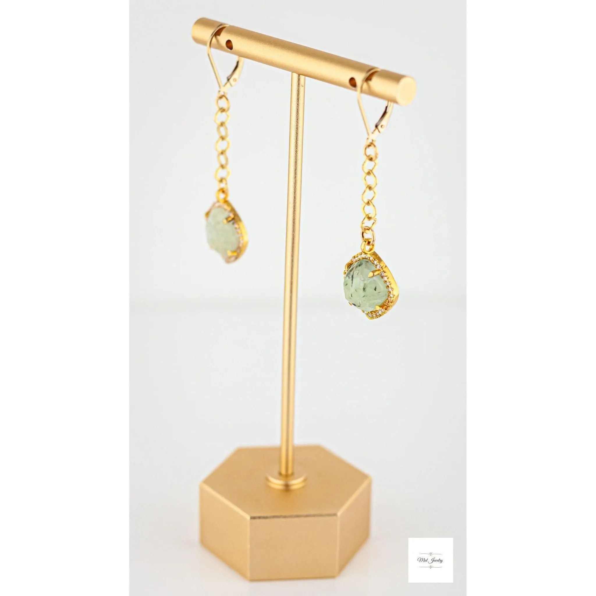 Prehnite & Gold Dangle Earrings: Green Gemstone Earrings With CZ Accents