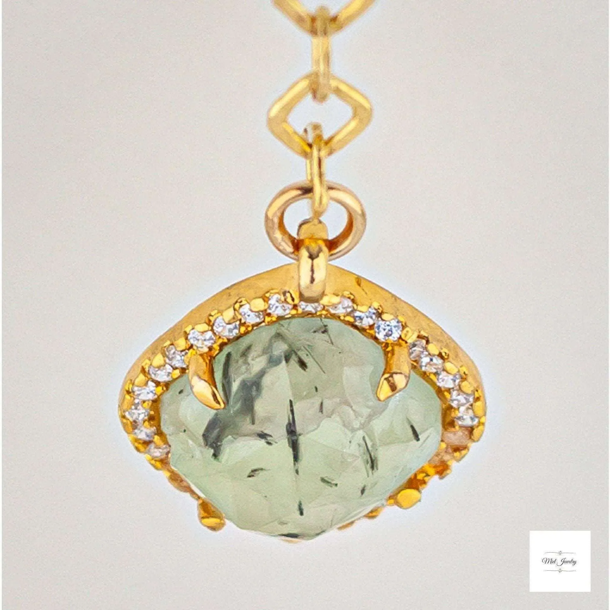 Prehnite & Gold Dangle Earrings: Green Gemstone Earrings With CZ Accents