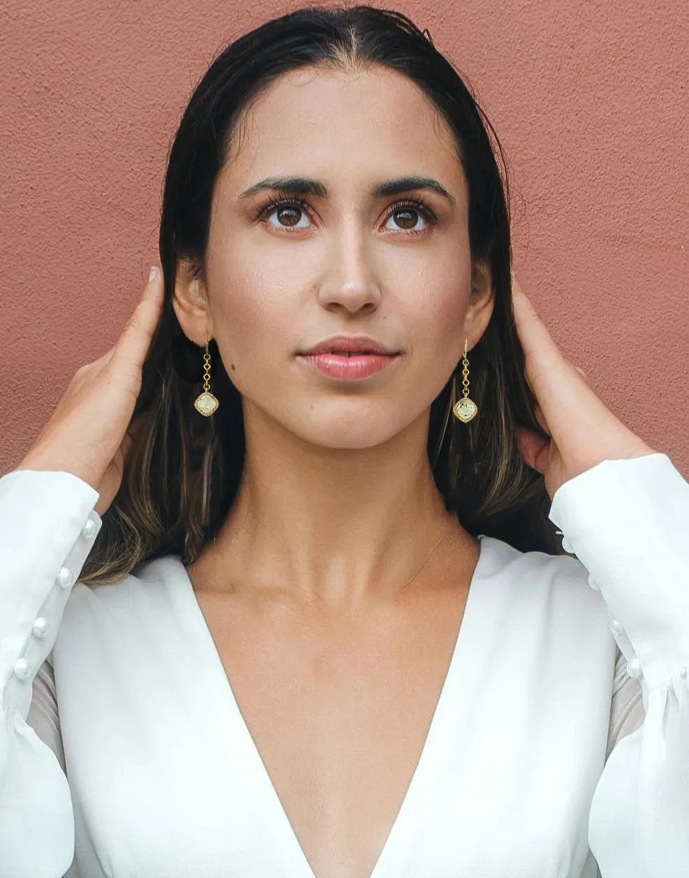 Prehnite & Gold Dangle Earrings: Green Gemstone Earrings With CZ Accents