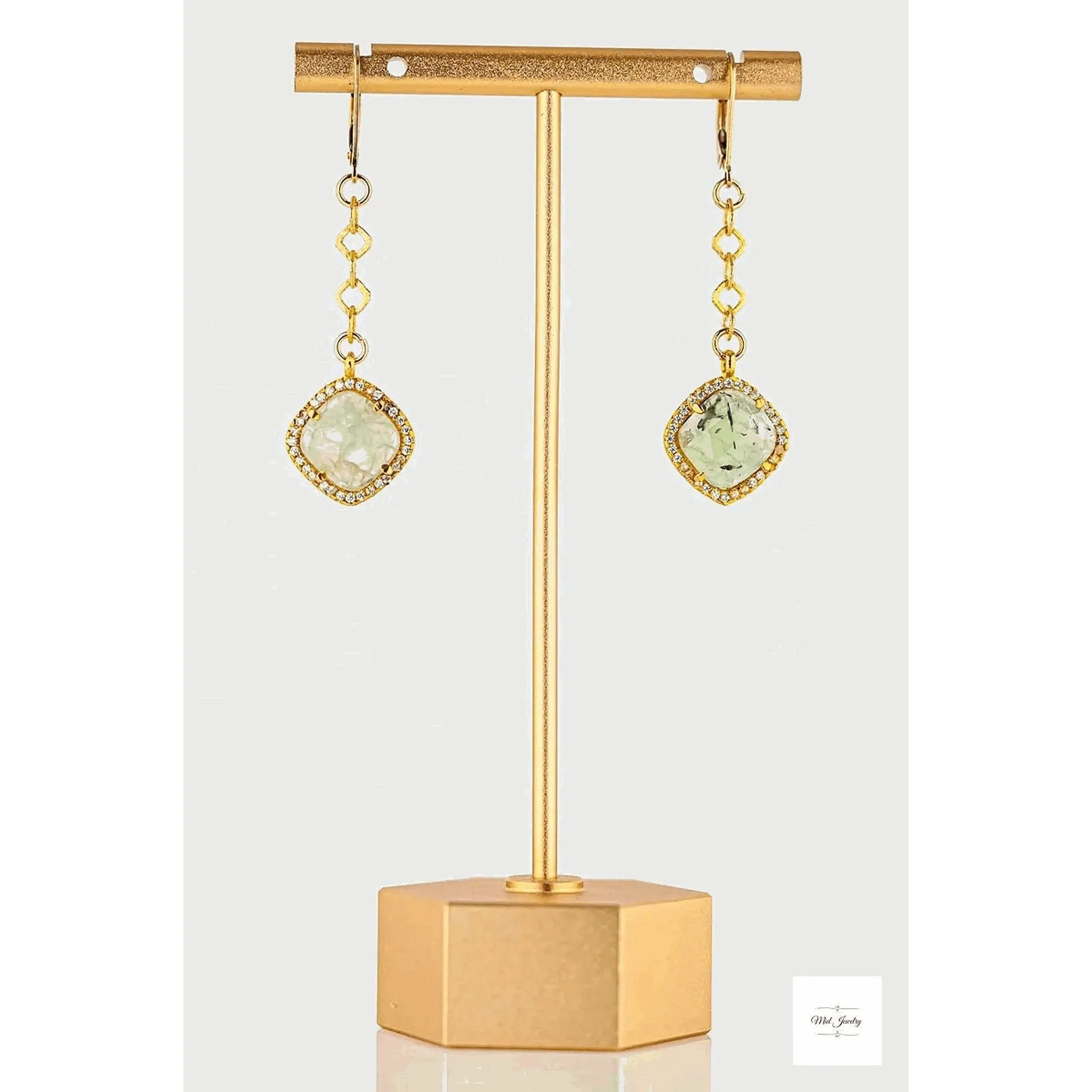 Prehnite & Gold Dangle Earrings: Green Gemstone Earrings With CZ Accents