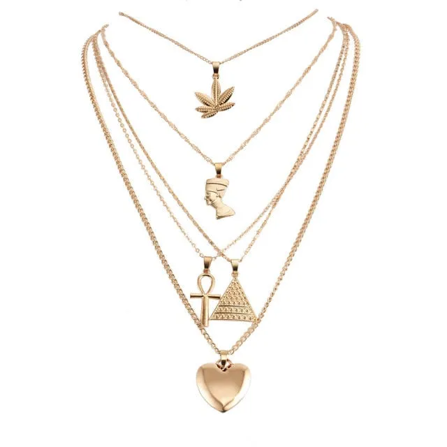 Queen Nefertiti - Layered Necklaces Jewelry Ankh Cross Heart Pendant Gold Necklace Vintage