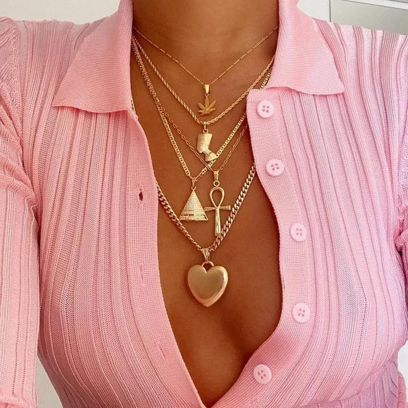 Queen Nefertiti - Layered Necklaces Jewelry Ankh Cross Heart Pendant Gold Necklace Vintage
