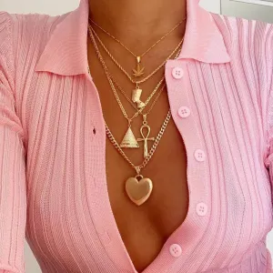 Queen Nefertiti - Layered Necklaces Jewelry Ankh Cross Heart Pendant Gold Necklace Vintage