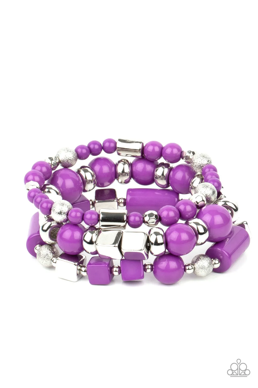 "Perfectly Prismatic" Silver Metal Purple Multi Shaped Bead Stretch Bracelet