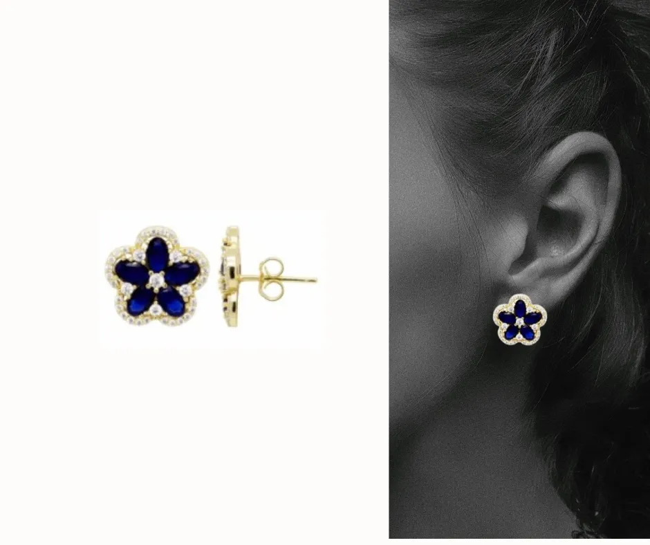 Radiant Sapphire and CZ Flower Post Earrings
