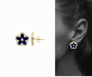 Radiant Sapphire and CZ Flower Post Earrings