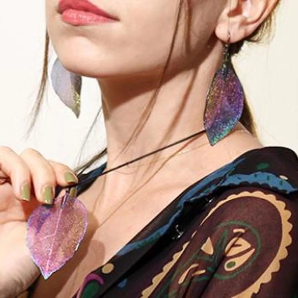 Real Leaf Jewellery Set - Necklace & Earrings - Gold Pink or Pewter
