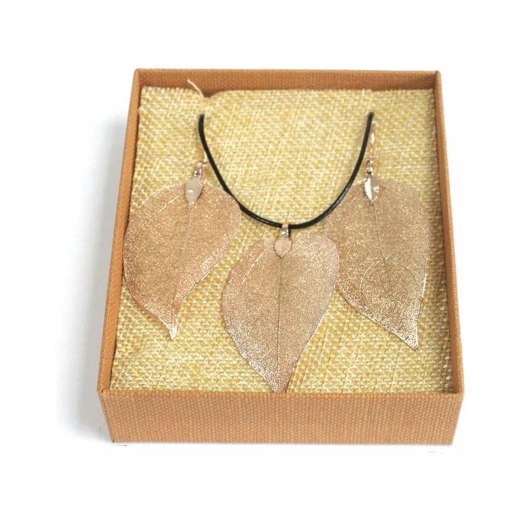 Real Leaf Jewellery Set - Necklace & Earrings - Gold Pink or Pewter