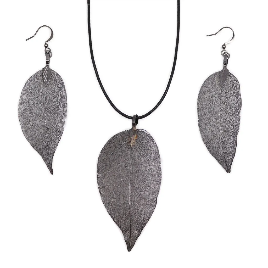Real Leaf Jewellery Set - Necklace & Earrings - Gold Pink or Pewter