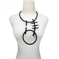 Recycled Rubber and Silicone Geometric Pearl Statement Pendant Necklace Black