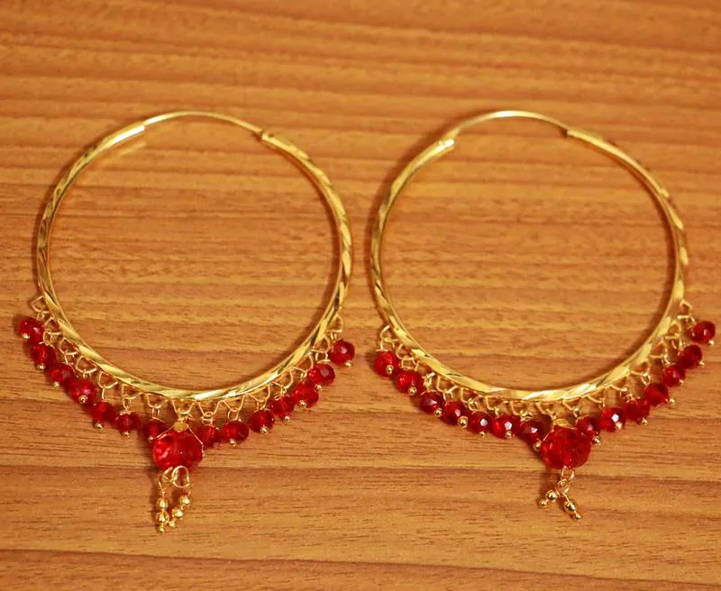Red Crystal Drop Gold Look Hoops