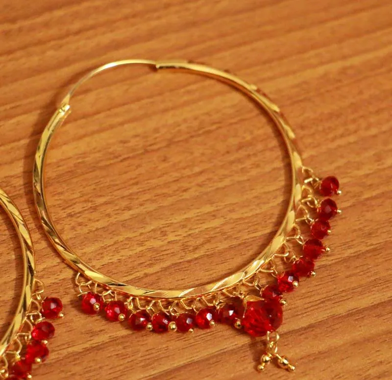 Red Crystal Drop Gold Look Hoops