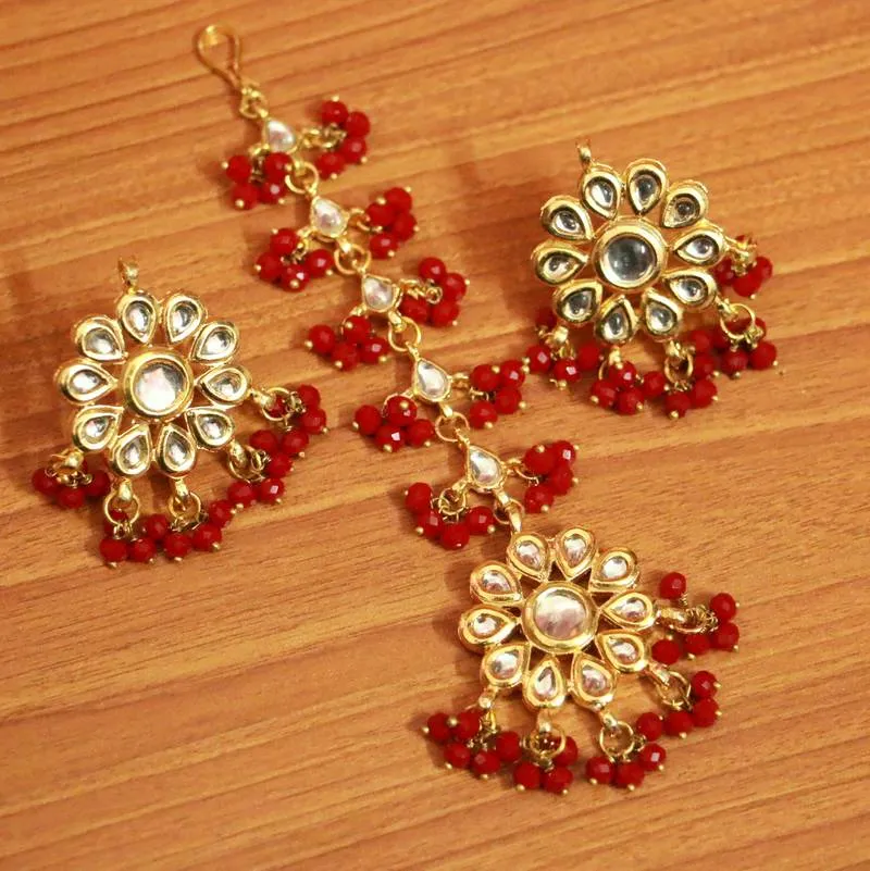 Red Crystal Kundan Meenakari Tikka With Earrings