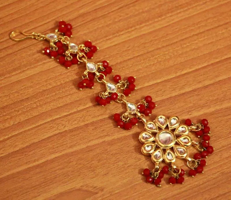 Red Crystal Kundan Meenakari Tikka With Earrings