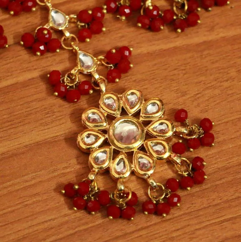Red Crystal Kundan Meenakari Tikka With Earrings