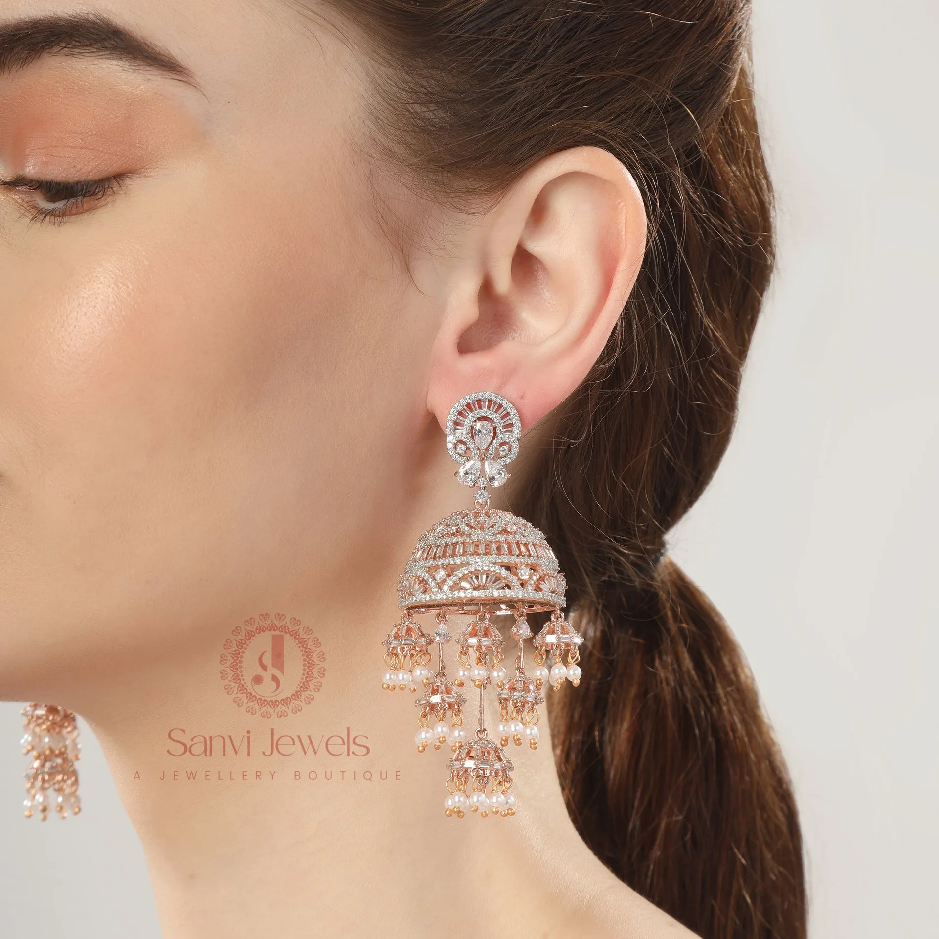 ROSE GOLD CZ STUDDED DIAMOND LOOK JHUMKA'S