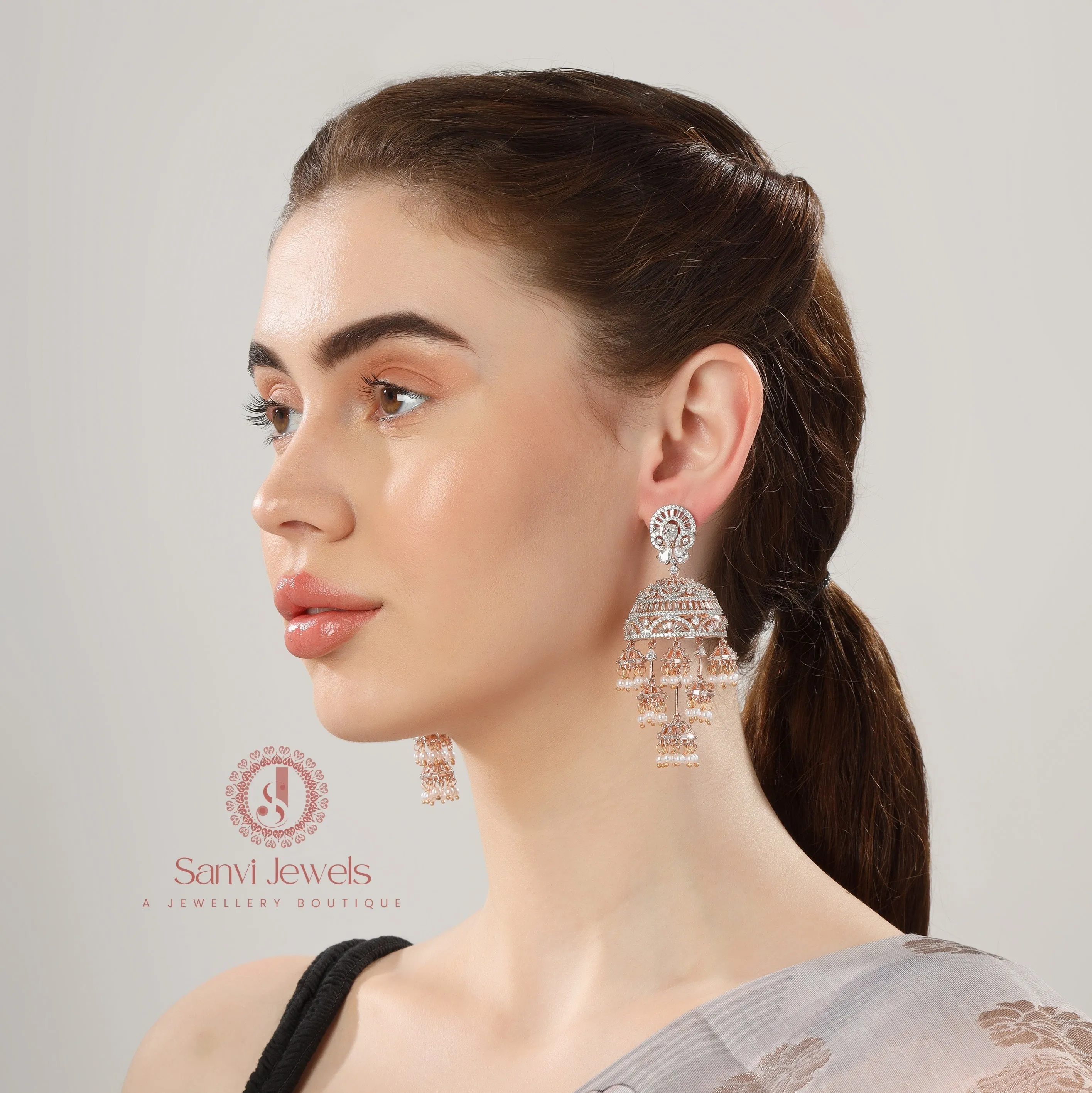 ROSE GOLD CZ STUDDED DIAMOND LOOK JHUMKA'S
