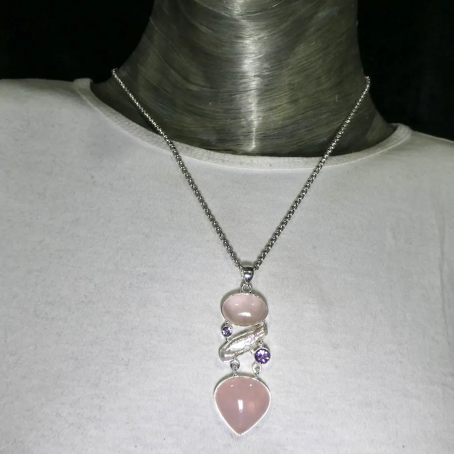 Rose Quartz Pendant with Amethyst & Pearl, 925 Sterling Silver