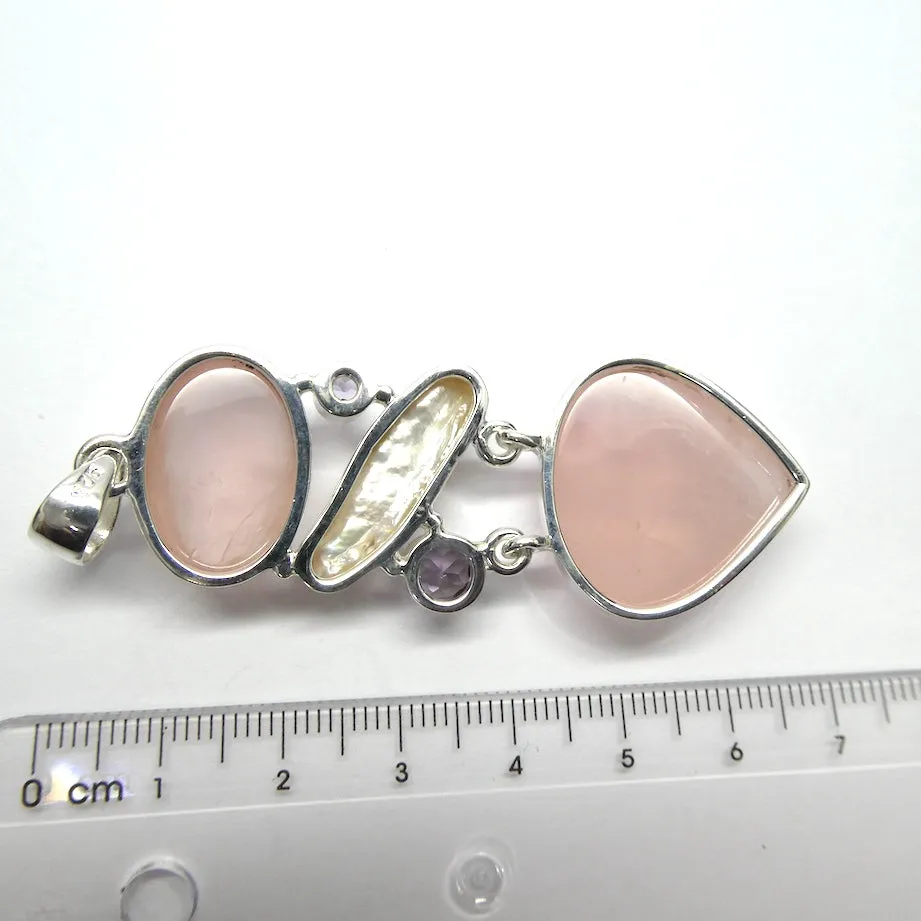 Rose Quartz Pendant with Amethyst & Pearl, 925 Sterling Silver