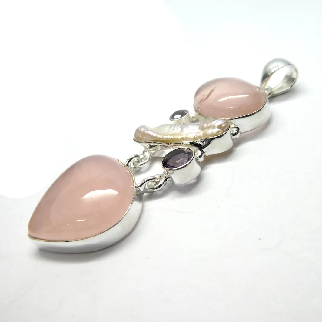 Rose Quartz Pendant with Amethyst & Pearl, 925 Sterling Silver