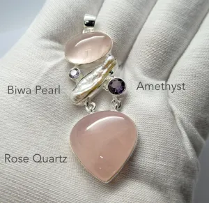 Rose Quartz Pendant with Amethyst & Pearl, 925 Sterling Silver