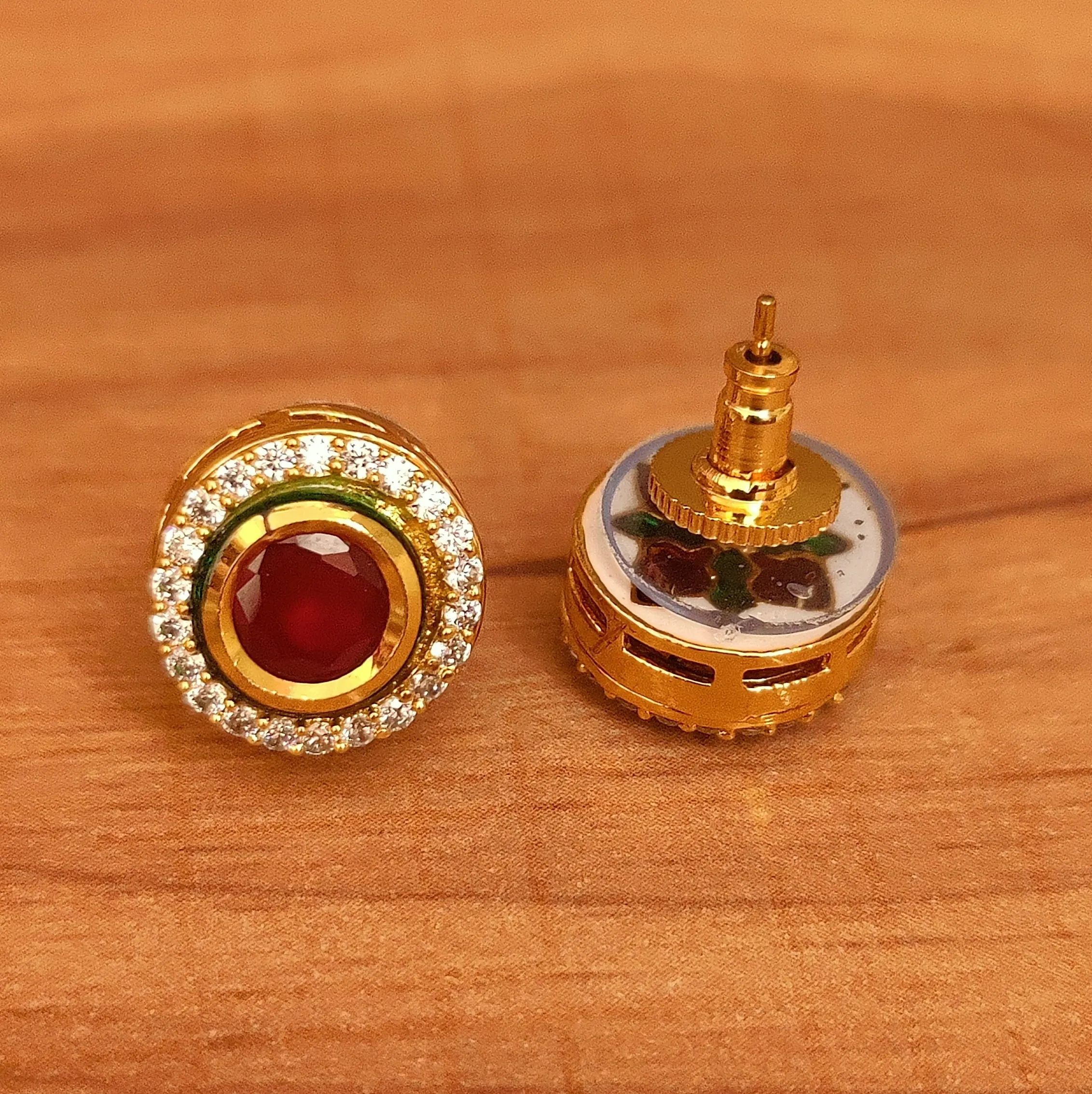 RUBY & CZ STONE ROUND SHAPED MEENAKARI EARRINGS