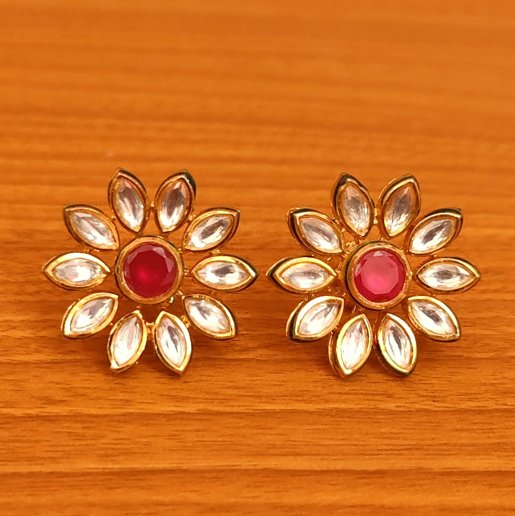 RUBY FLOWER KUNDAN MEENAKARI STUDS